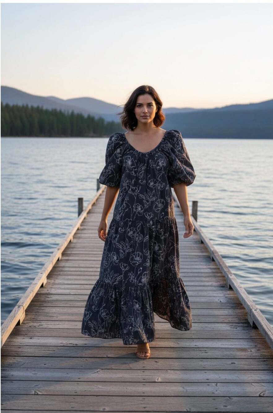 World Market Botanical Floral Puff Sleeve Tiered Maxi Dress | Boho | S/M